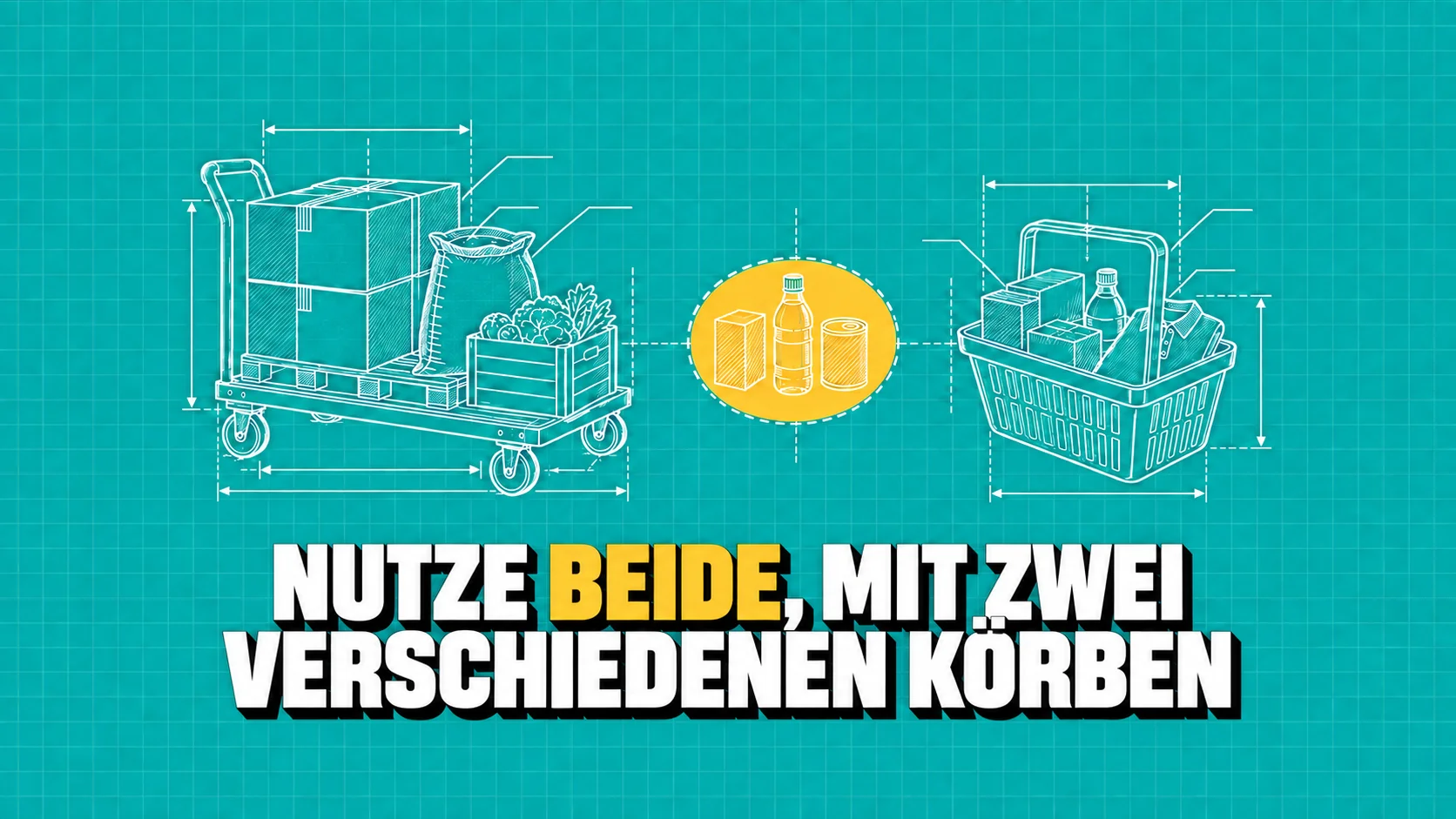Technische Zeichnung eines Palettenwagens und eines Einkaufskorbs mit gelber Überschneidung.