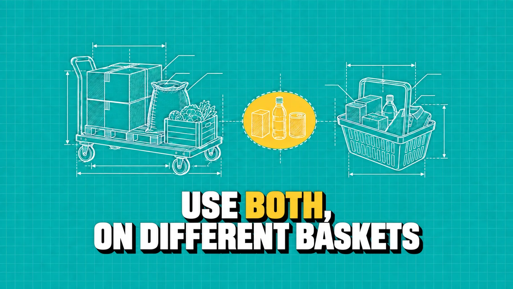 Technical drawing of a pallet trolley and shopping basket linked by a yellow overlap.