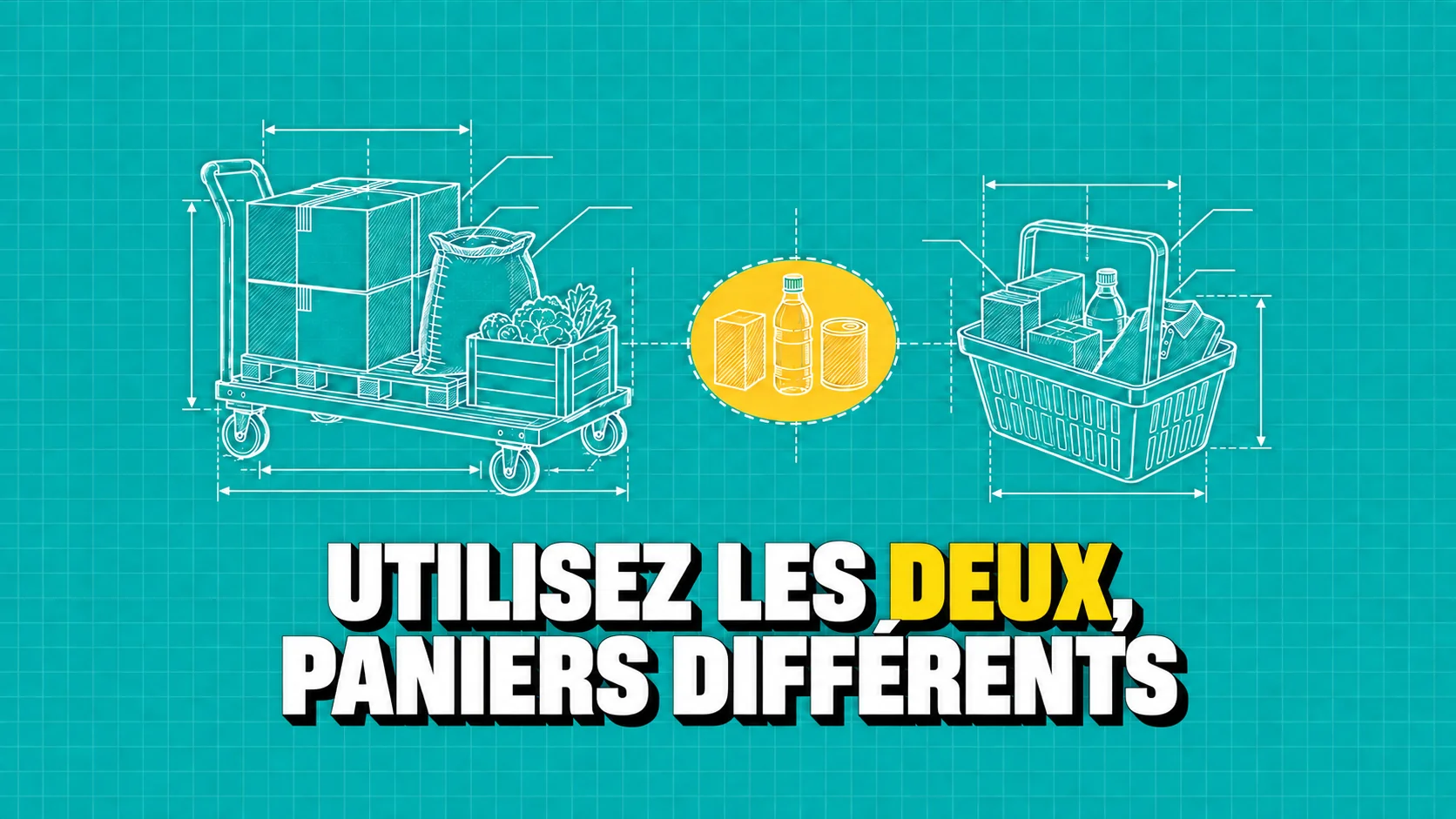 Dessin technique d’un chariot à palettes et d’un panier, reliés par une zone jaune.