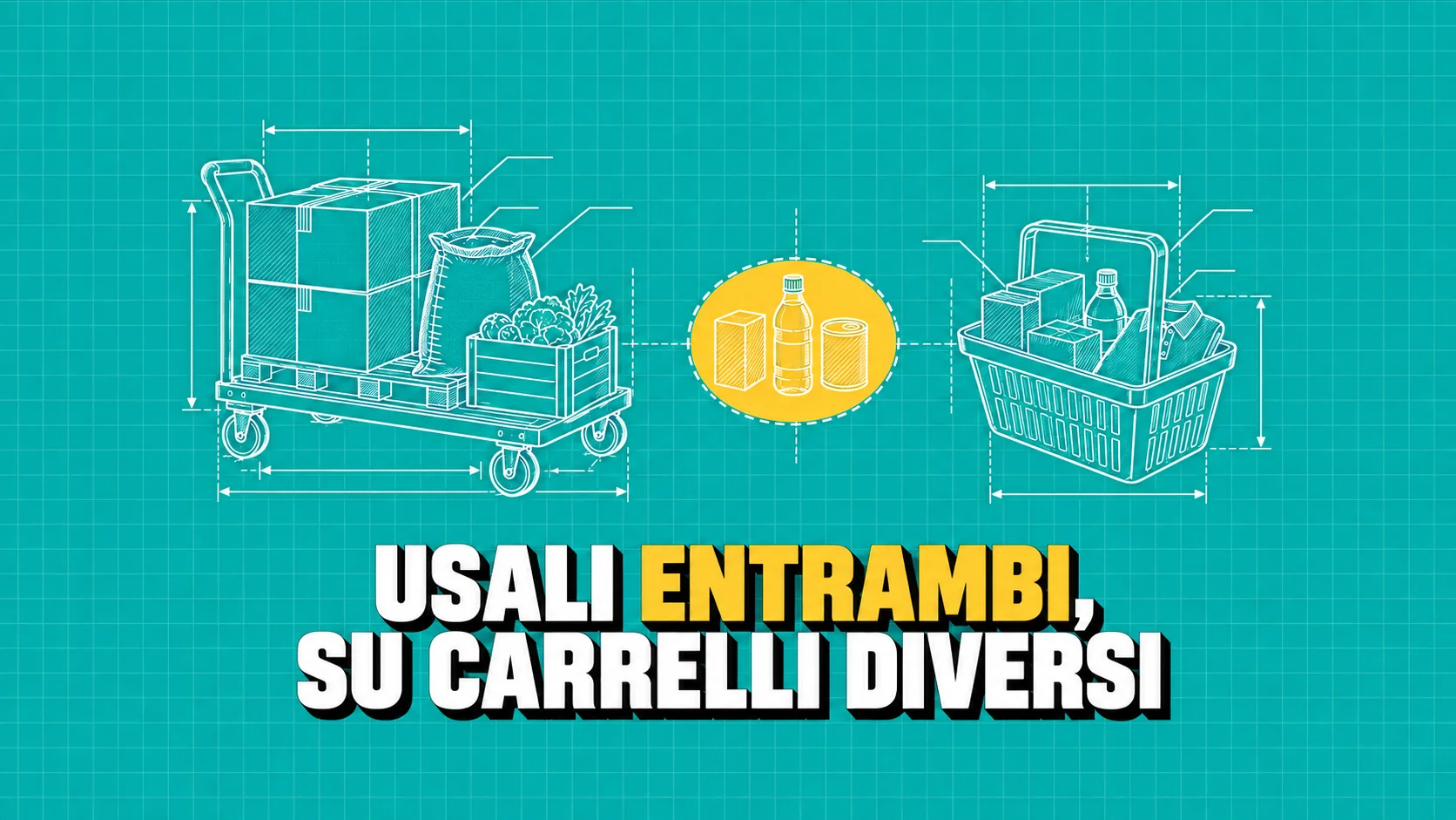 Disegno tecnico su carta blu-verde: un carrello da ingrosso con pallet e un cestino da negozio, uniti da una zona di sovrapposizione gialla.