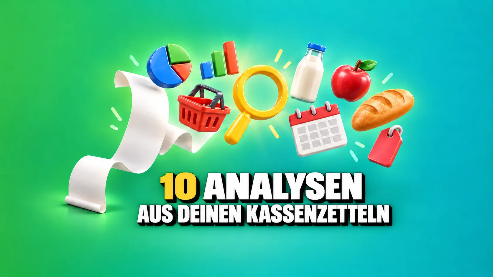 Glänzende 3D-Icons von Diagrammen, Korb, Milch, Apfel, Brot und einer gelben Lupe, die aus einem leeren Kassenzettel steigen