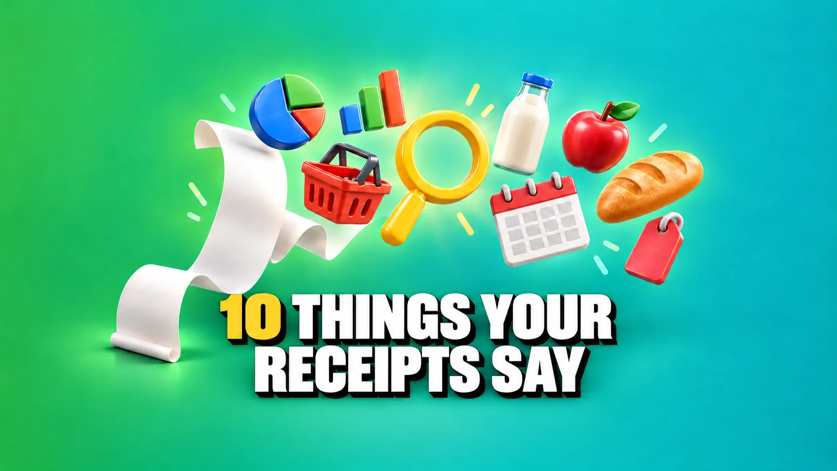 Glossy 3D icons of charts, a basket, milk, an apple, bread and a yellow magnifying glass rising from a blank receipt