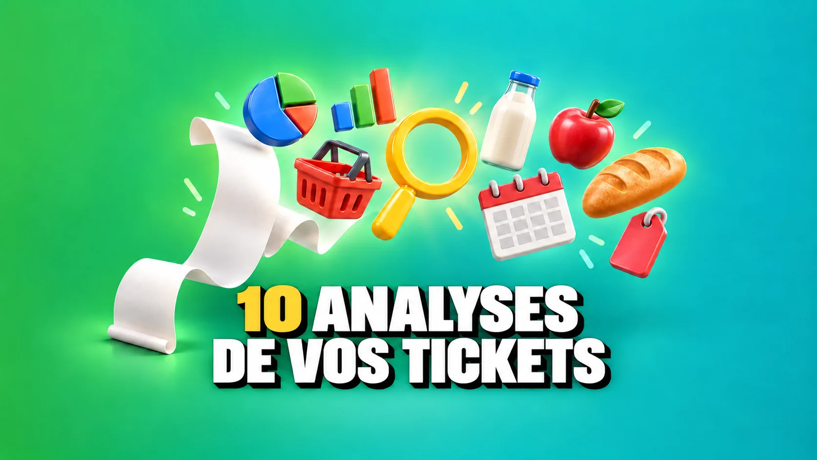 Icônes 3D brillantes de graphiques, panier, lait, pomme, pain et une loupe jaune qui sortent d’un ticket vierge