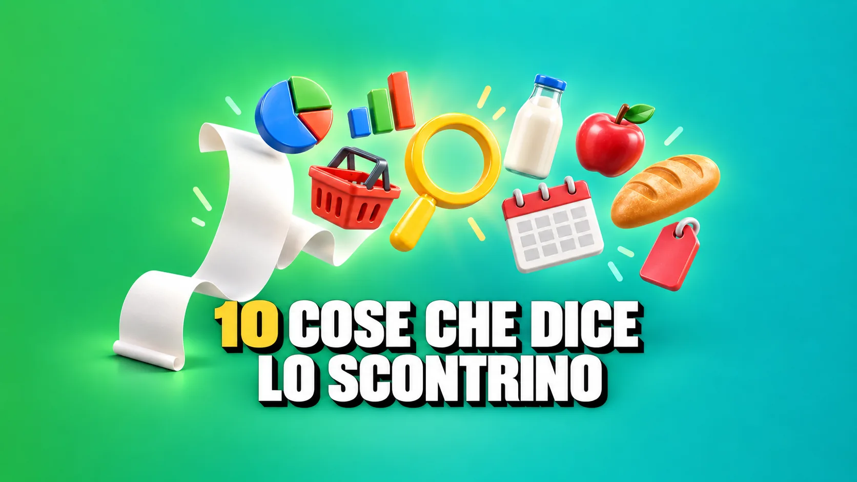 Icone 3D lucide di grafici, cestino, latte, mela, pane e una lente gialla che escono da uno scontrino bianco