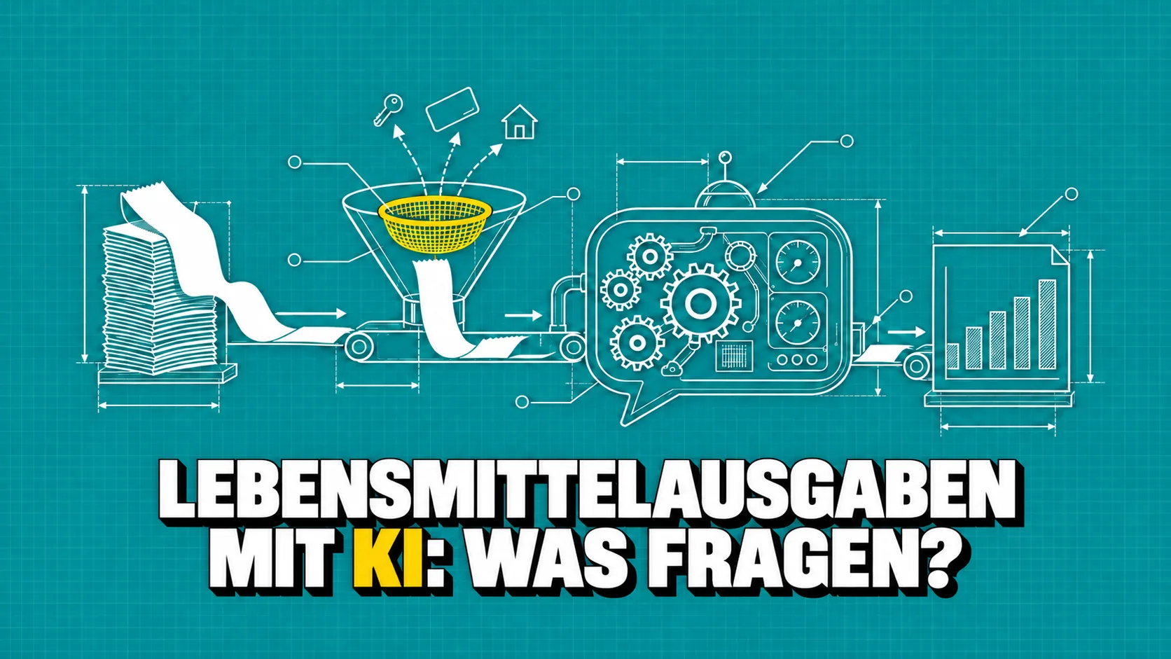 Technische Zeichnung auf türkisem Papier: Kassenzettel laufen durch ein gelbes Sieb in eine Maschine in Sprechblasenform, die ein Diagramm ausgibt