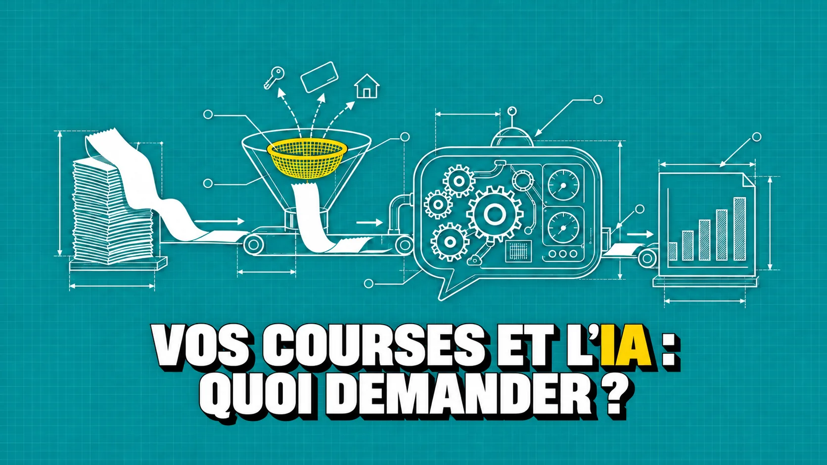 Plan technique sur papier turquoise, des tickets passent par un tamis jaune vers une machine en forme de bulle qui produit un graphique
