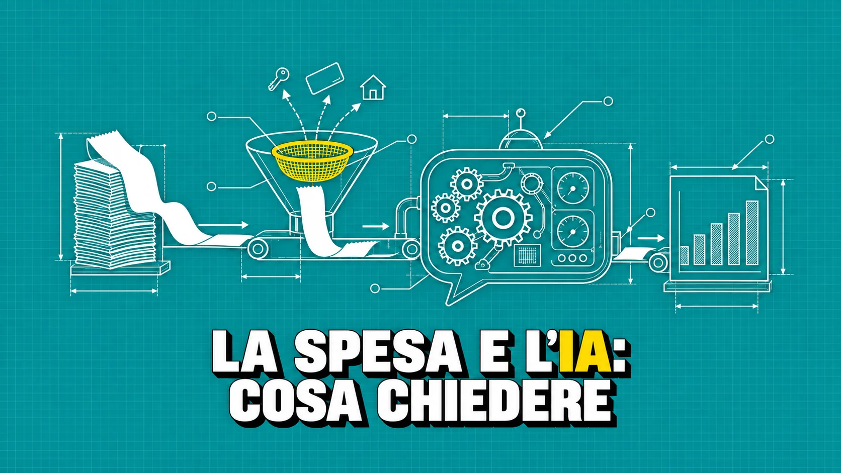 Progetto tecnico su carta turchese: scontrini che passano da un filtro giallo a una macchina a forma di fumetto che produce un grafico