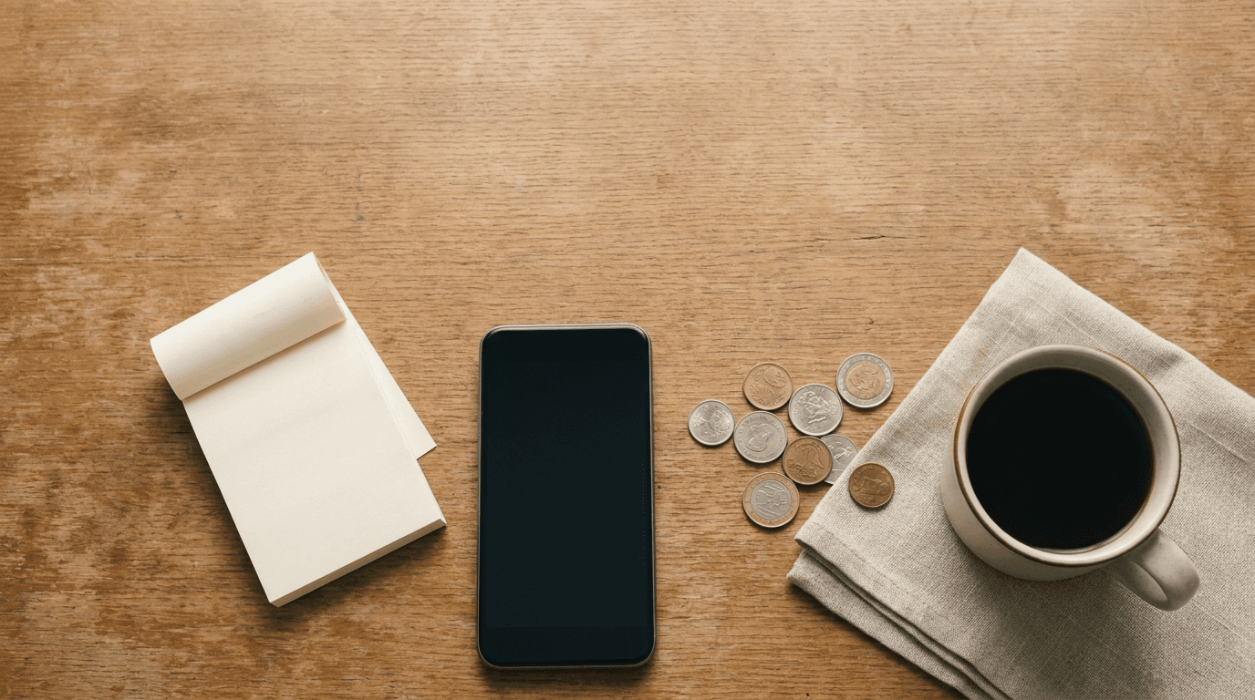 Receipts, a phone and coins on a table: the 30-day self-test shows how much you really spend on groceries, measured with the receipt scan in Rappn.