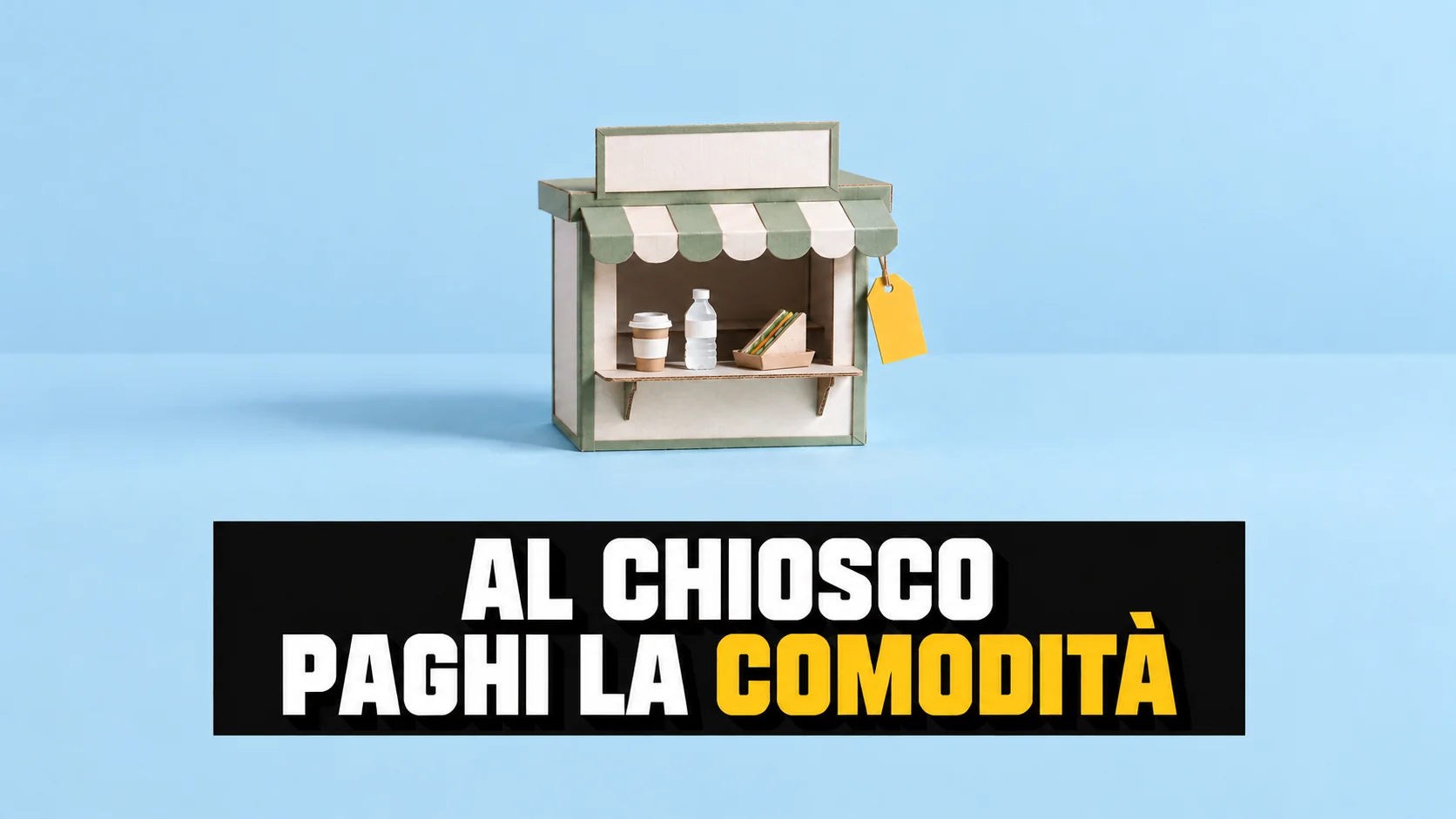 Chiosco generico di cartone con insegna vuota su fondo blu.