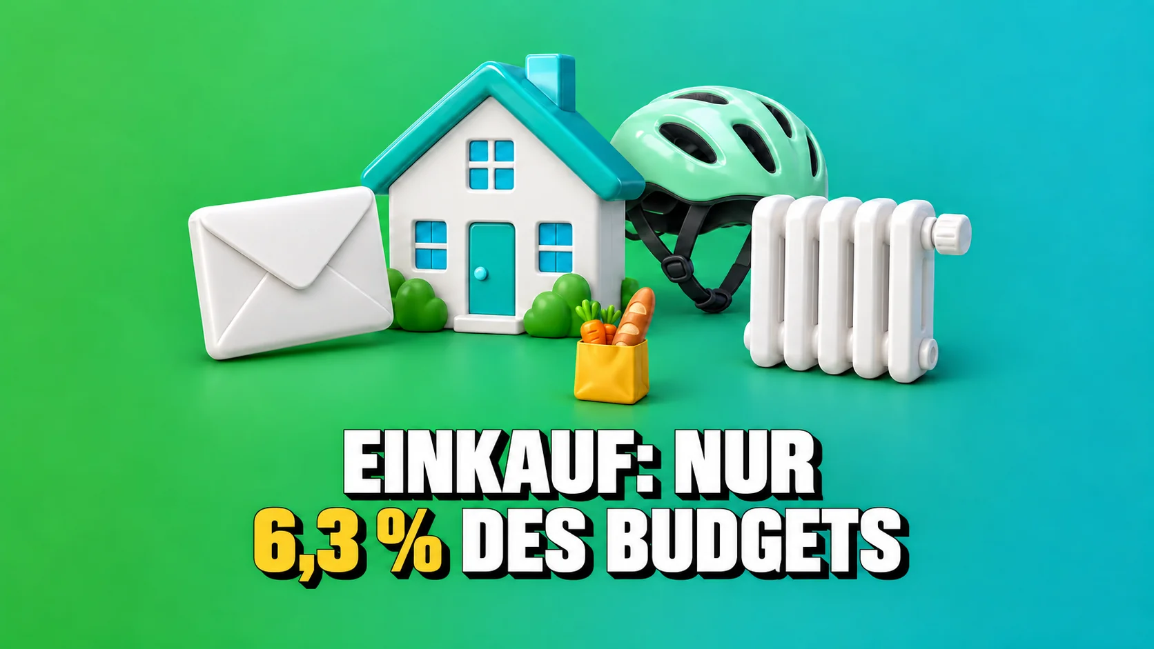 Haus, Umschlag, Helm und Heizkörper als Symbole neben einer kleinen gelben Tasche.