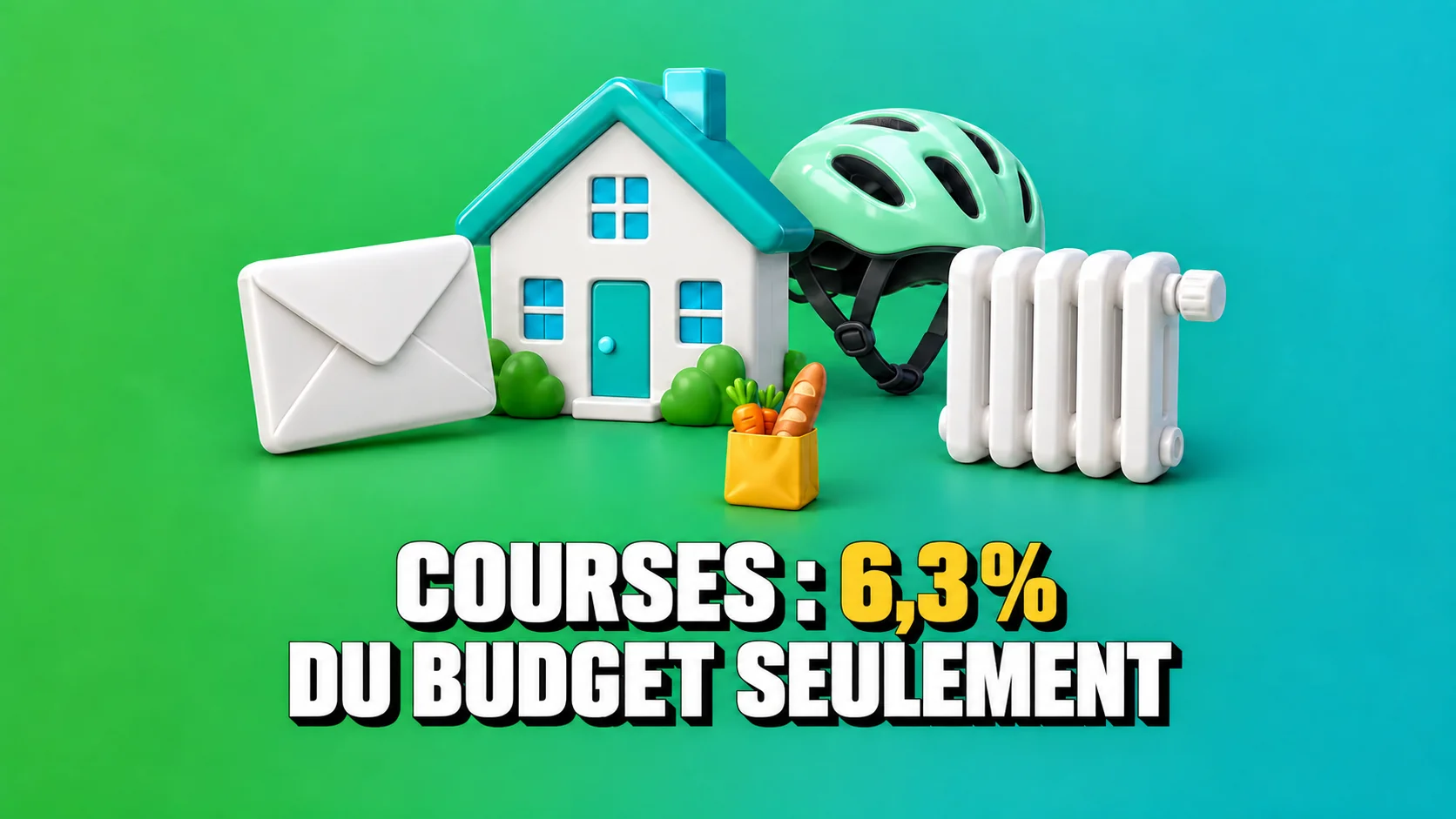 Icônes de maison, enveloppe, casque et radiateur près d’un petit sac jaune.