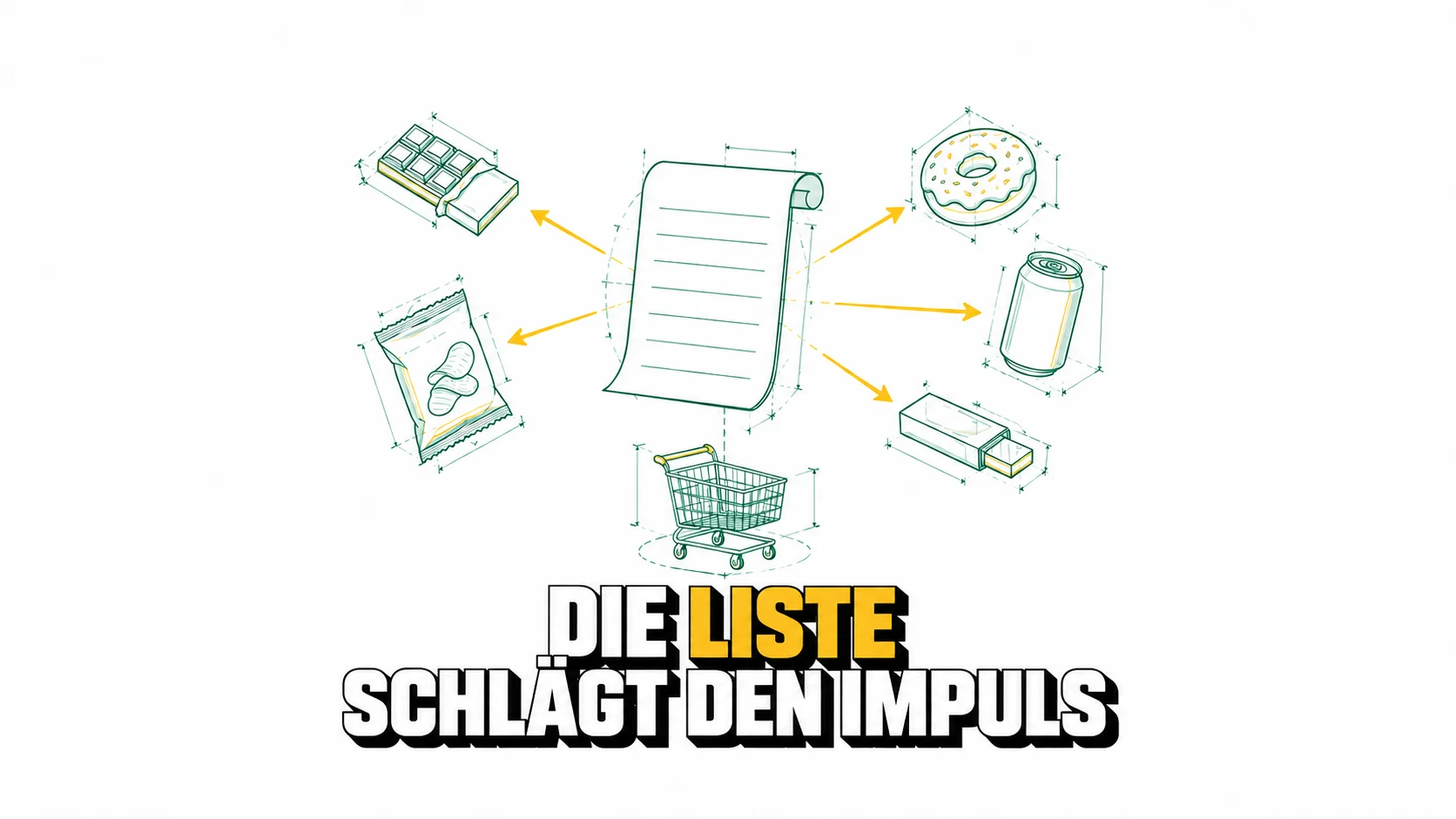 Leere Liste, die fünf Snacks abwehrt, mit Einkaufswagen darunter als technische Zeichnung.