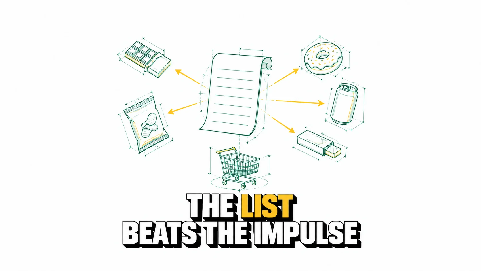 Technical drawing of a blank list repelling five snacks above a trolley.