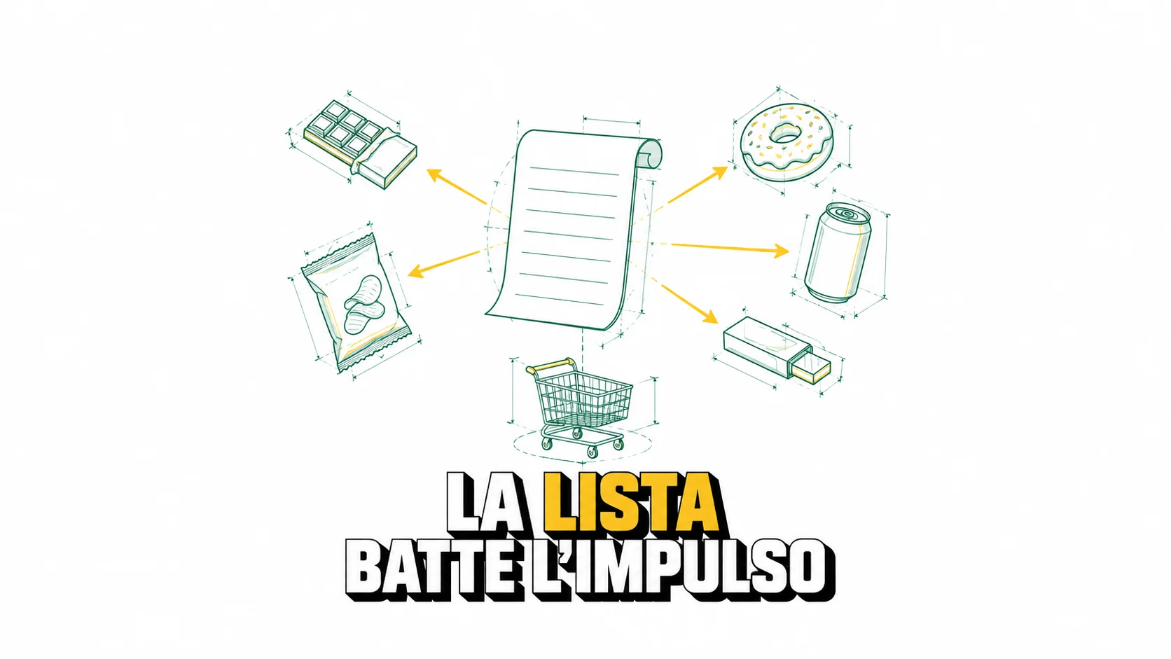 Lista vuota che respinge cinque snack, con carrello sotto, in un disegno tecnico.