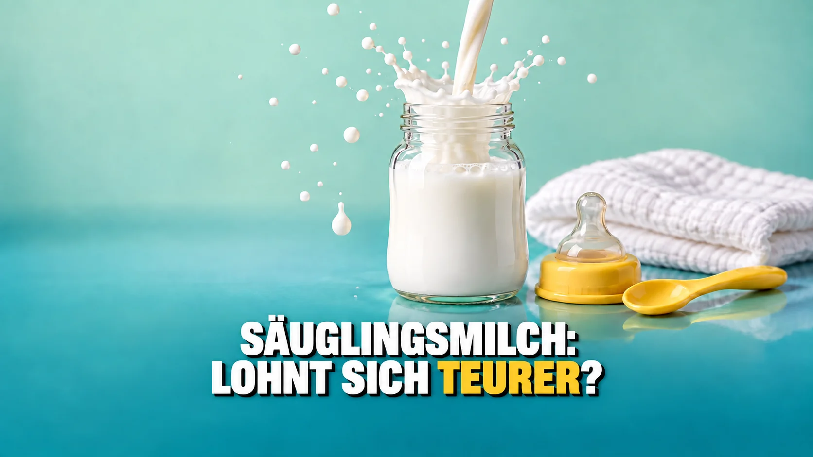 Milch bildet beim Eingiessen in eine unbeschriftete Babyflasche einen Tropfenkranz.