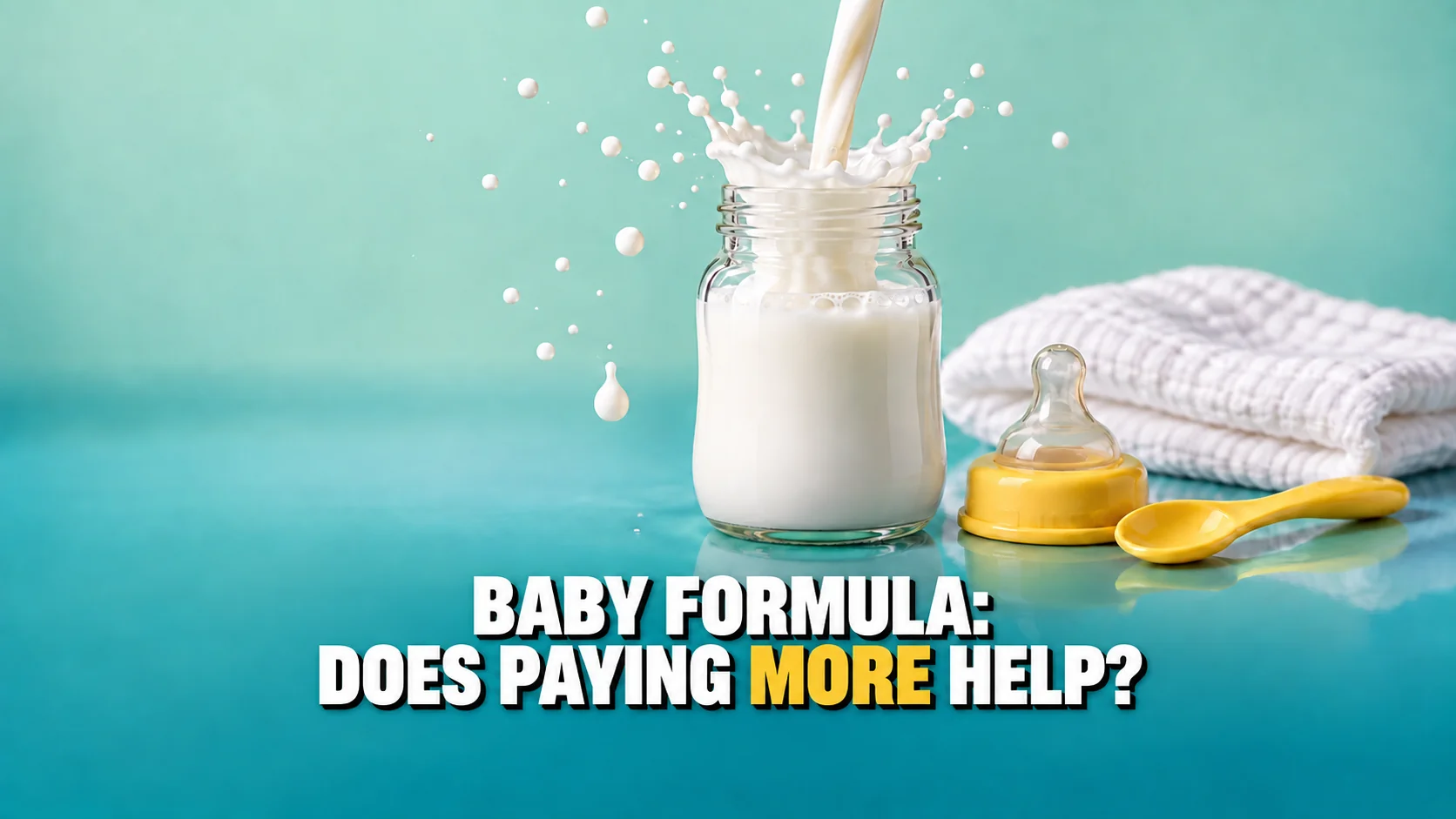 Milk poured into an unlabelled baby bottle forms a crown of droplets.