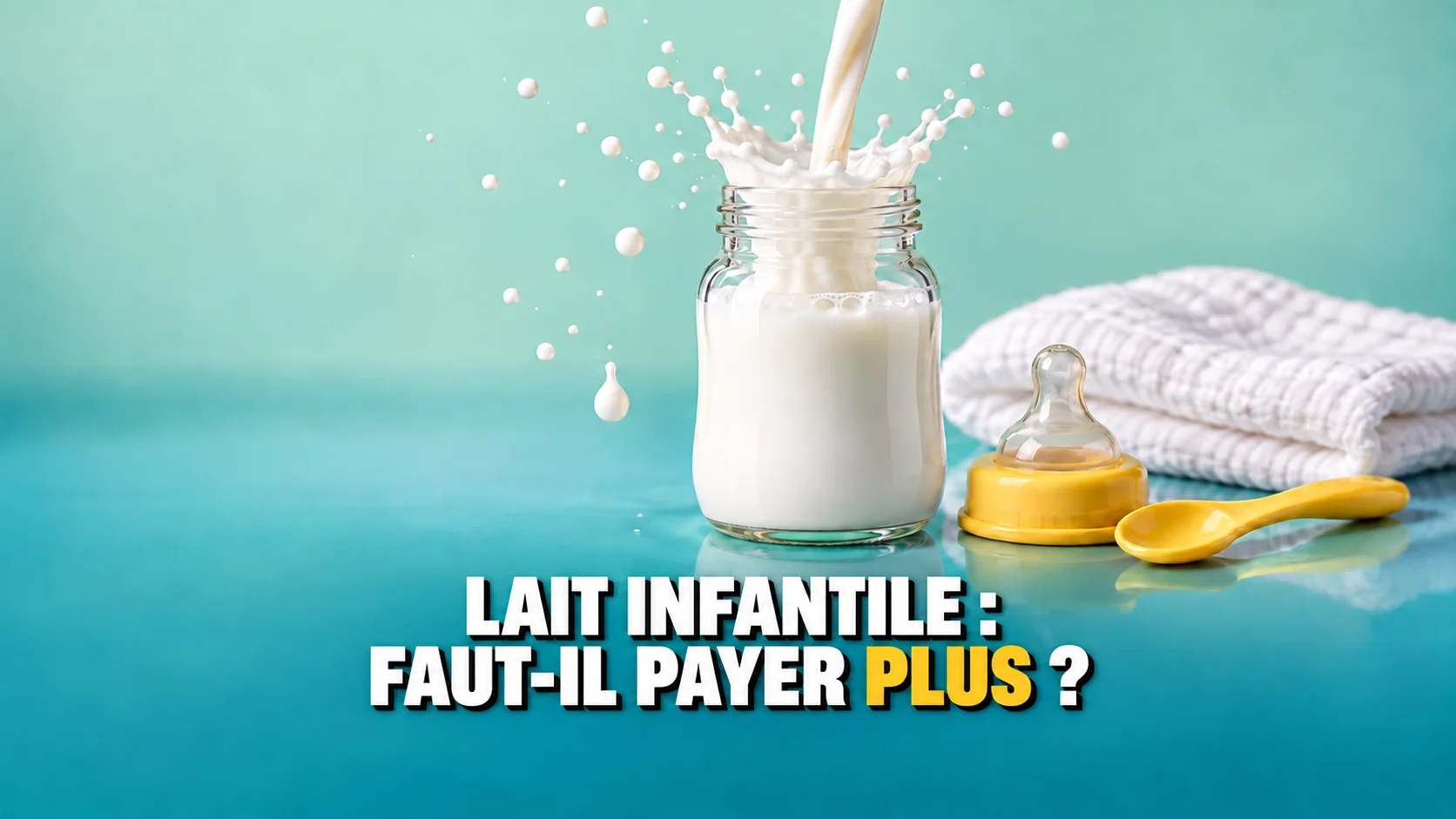 Du lait versé dans un biberon sans étiquette forme une couronne de gouttes.