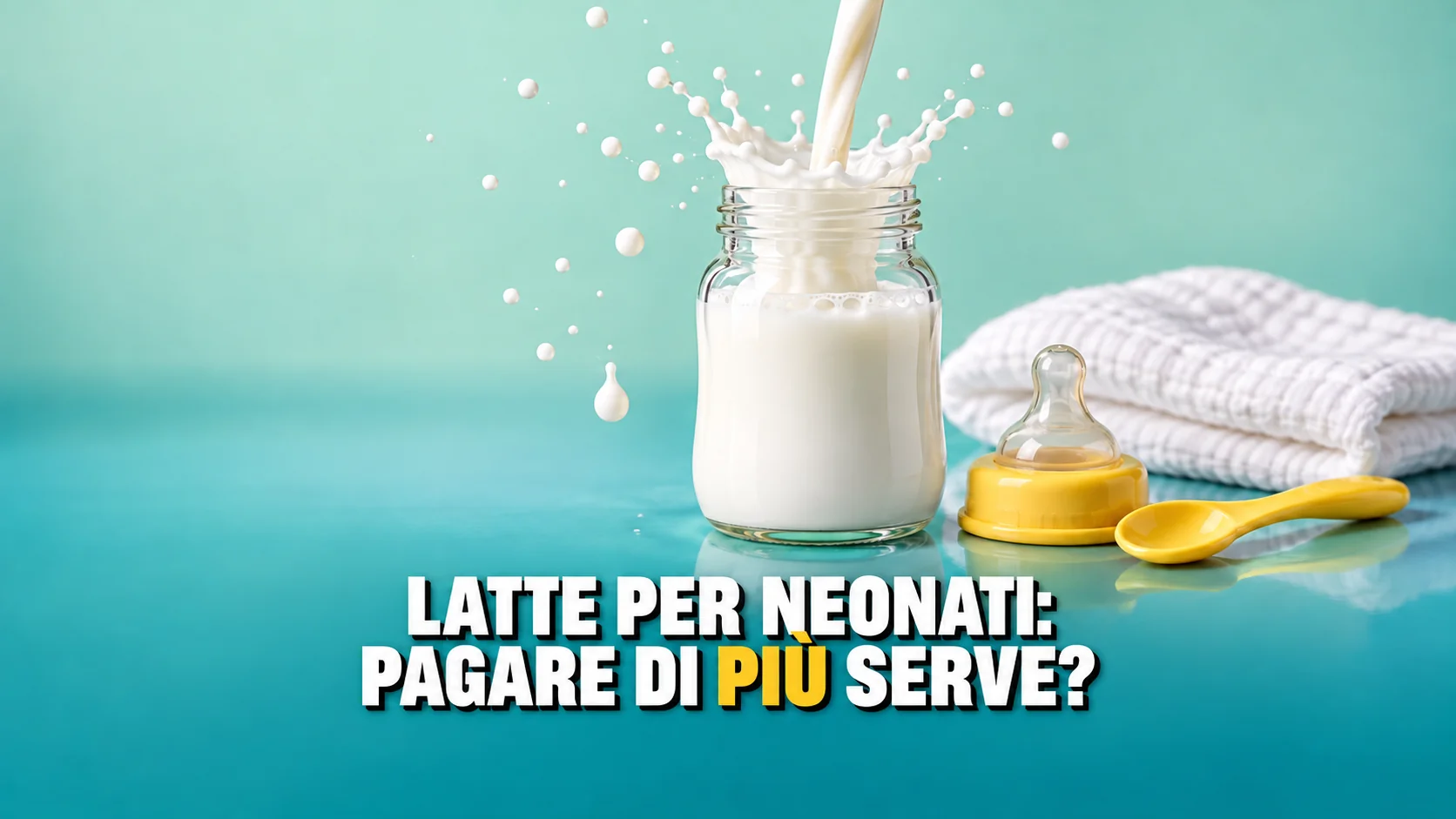 Latte versato in un biberon senza etichetta forma una corona di gocce.