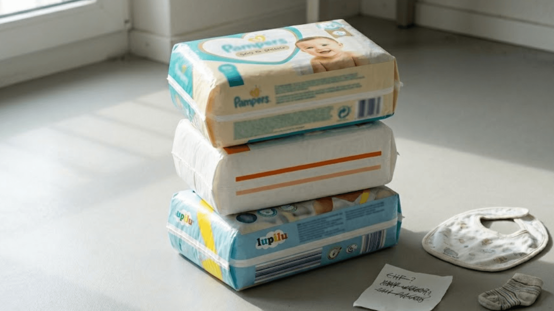 Shelf of Swiss infant formula tins (Bimbosan, Aptamil, Migros Bio) alongside Pampers and Lupilu diaper packs at a Migros supermarket