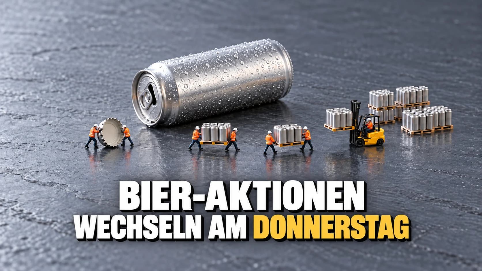 Miniaturszene: winzige Arbeiter rund um eine riesige etikettlose Dose, ein gelber Stapler hebt einen Block Dosen an.
