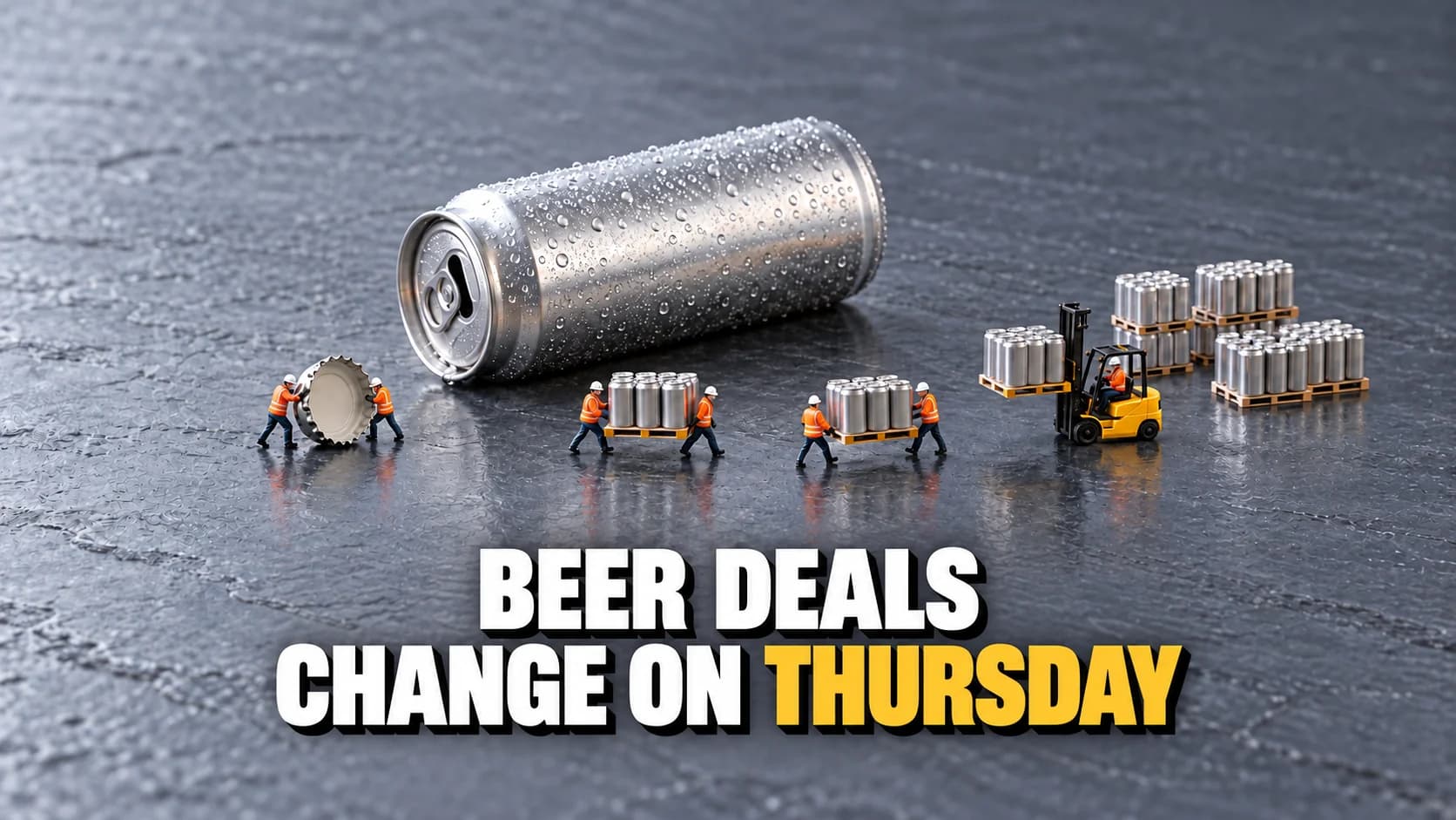 Miniature scene: tiny workers around a giant unlabelled can while a yellow forklift lifts a block of cans.