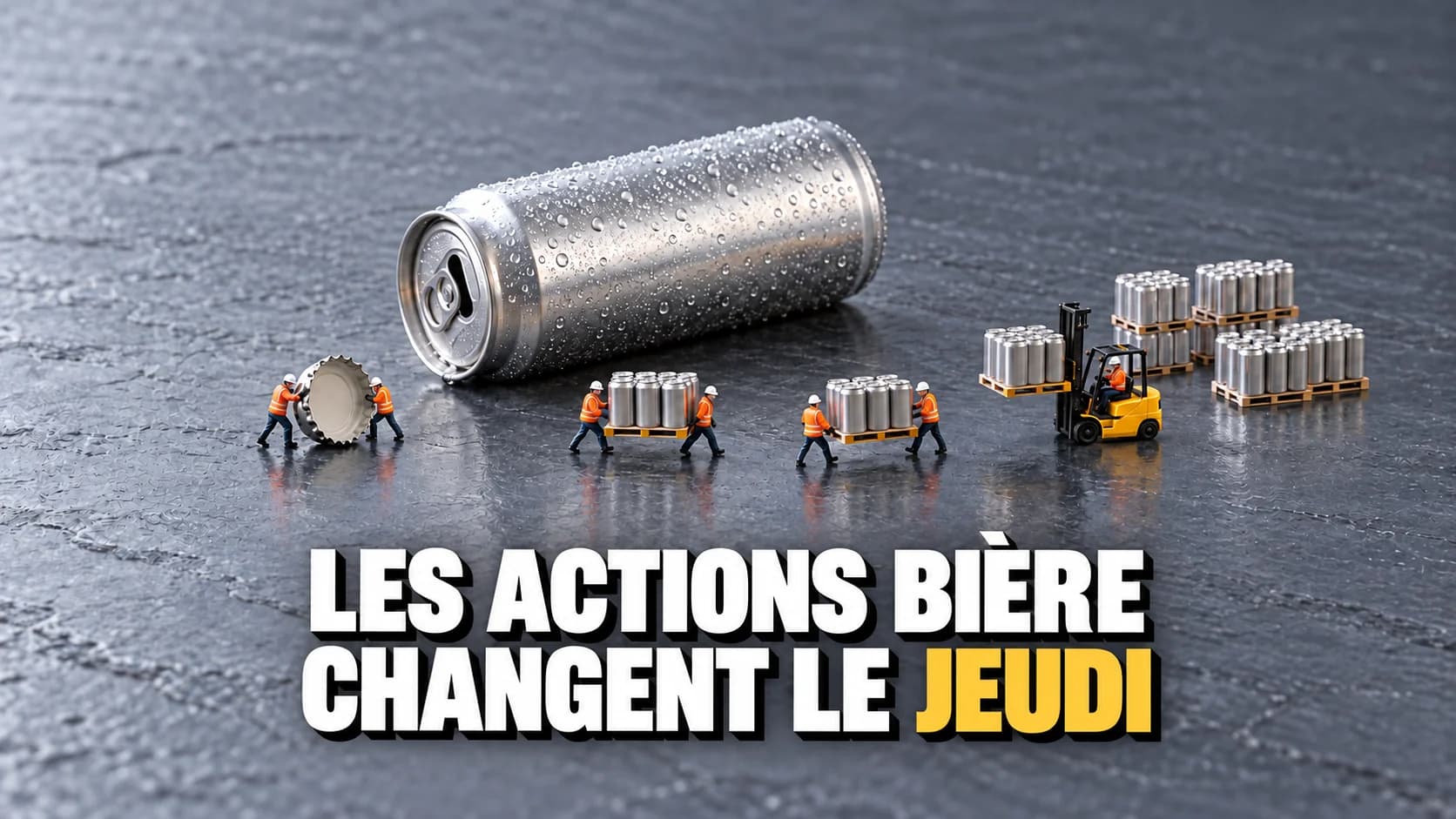 Scène miniature : de minuscules ouvriers autour d’une canette géante sans étiquette, un chariot élévateur jaune soulève un bloc de canettes.