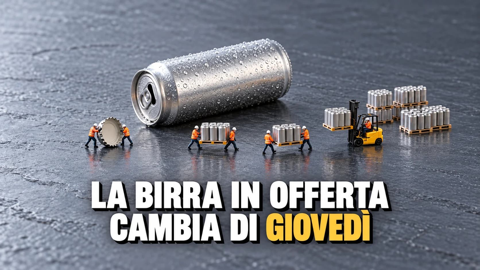 Scena in miniatura: minuscoli operai lavorano attorno a una lattina gigante senza etichetta e un muletto giallo solleva un blocco di lattine.