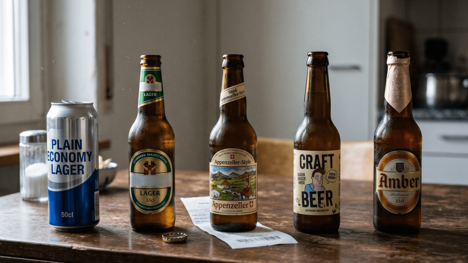 Sechserpack-Aufstellung grosser Schweizer Lagerbiere Feldschlösschen, Calanda, Eichhof, Cardinal, Quöllfrisch mit CHF-Preisschildern