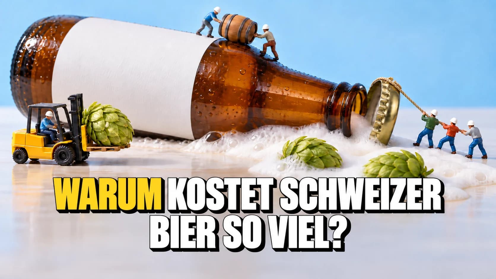 Riesige Bierflasche auf einem Tisch mit kletternden Miniaturfiguren und gelbem Gabelstapler.