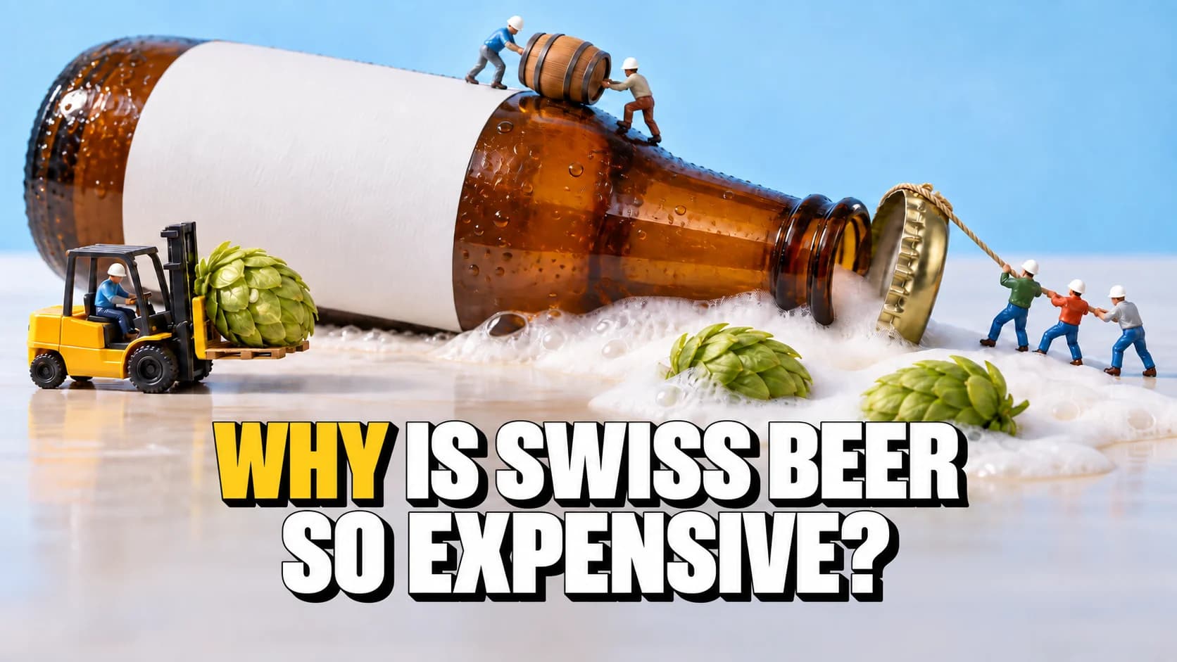 Giant beer bottle on a table with miniature climbers and a yellow forklift.