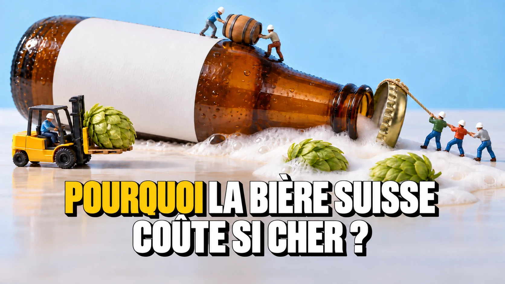 Bouteille de bière géante sur une table, avec grimpeurs miniatures et chariot élévateur jaune.