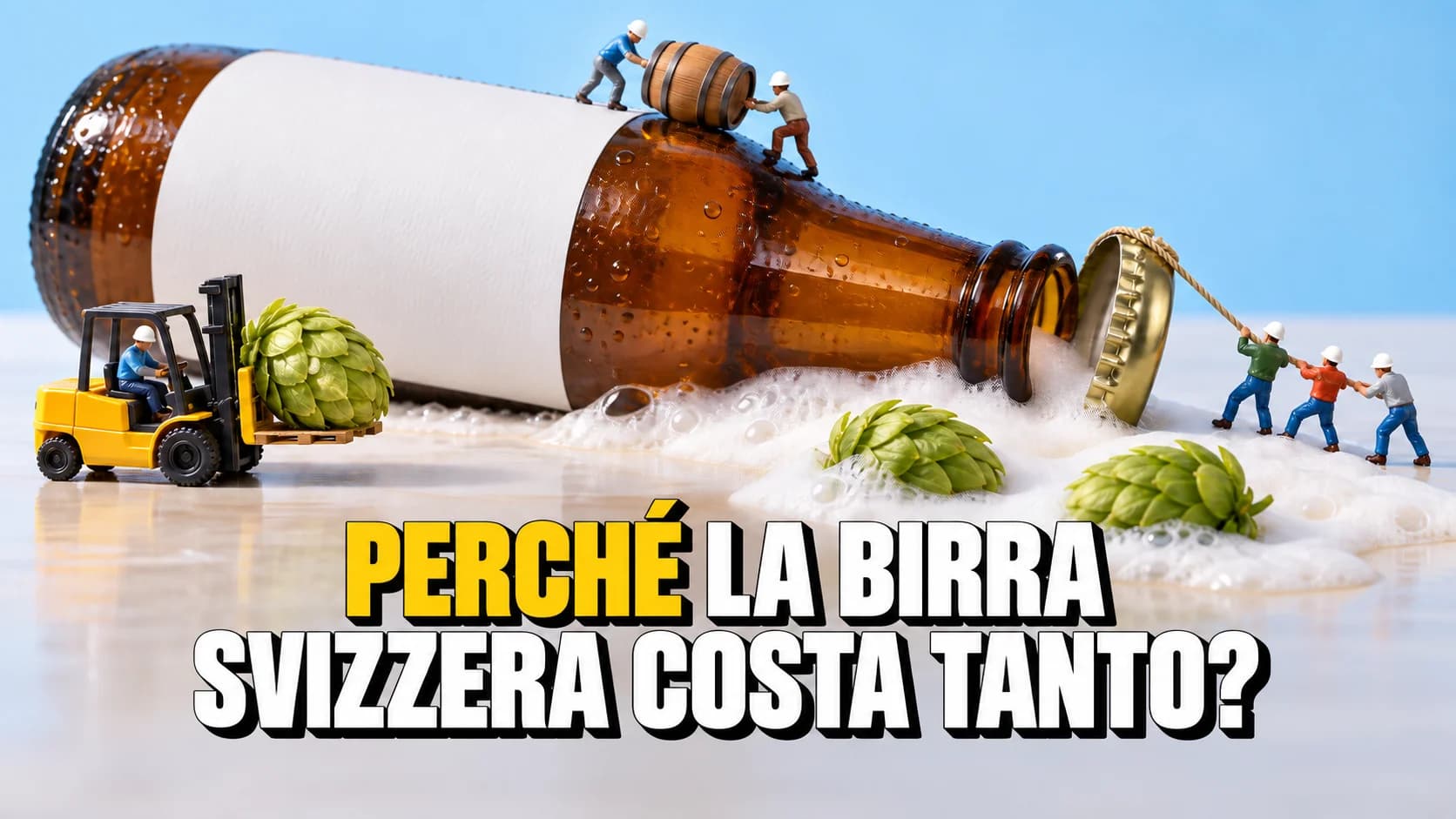 Bottiglia di birra gigante su un tavolo con minuscole figurine che la scalano e un piccolo muletto giallo.