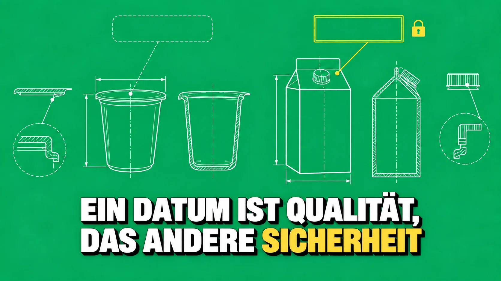 Technische Zeichnung von Joghurt und Milch mit zwei leeren Datumsfeldern und einem Schloss.