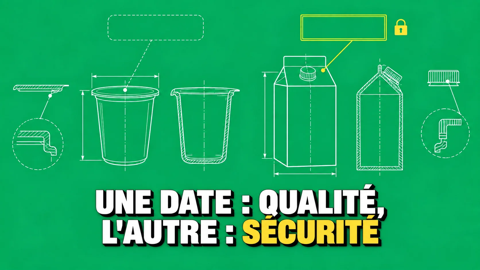 Dessin technique de yaourt et lait avec deux champs de date vides et un cadenas.
