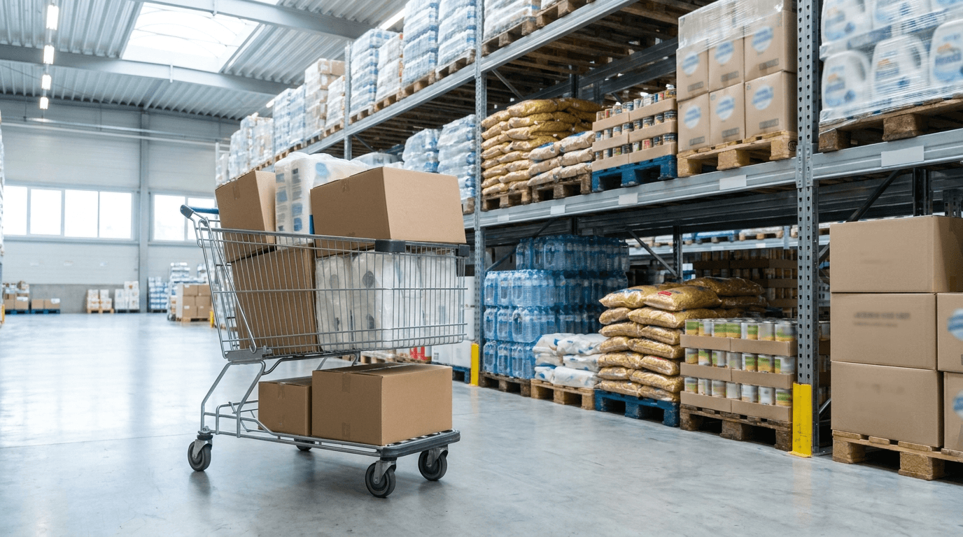 Loaded shopping trolley with large bulk grocery packs in a bright Swiss warehouse-style store, illustrating bulk buying at Aligro, Otto's and family packs