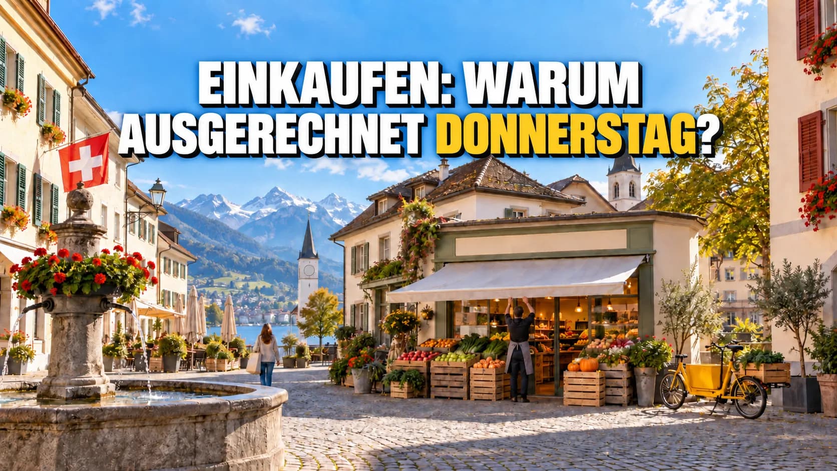 Platz einer Schweizer Kleinstadt am Morgen, ein Lebensmittelladen öffnet, davor ein gelbes Velo