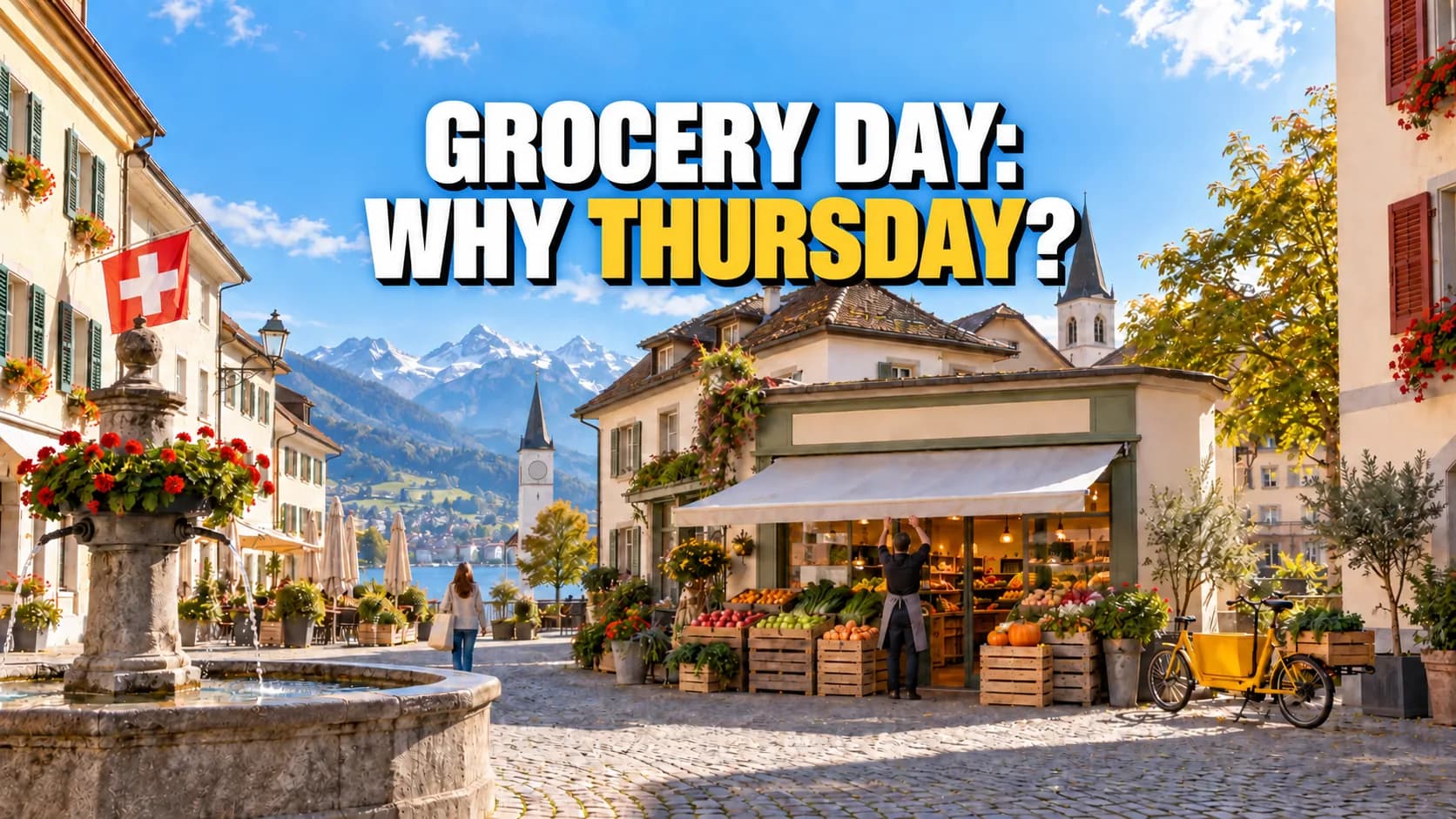 Swiss small-town square in the morning, a grocery shop opening with a yellow bicycle outside