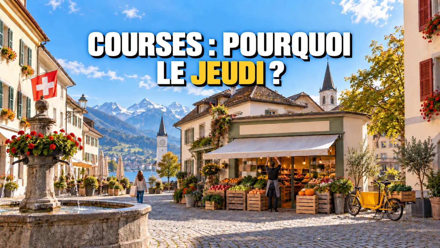 Place d’une petite ville suisse le matin, une épicerie ouvre, un vélo jaune devant la porte