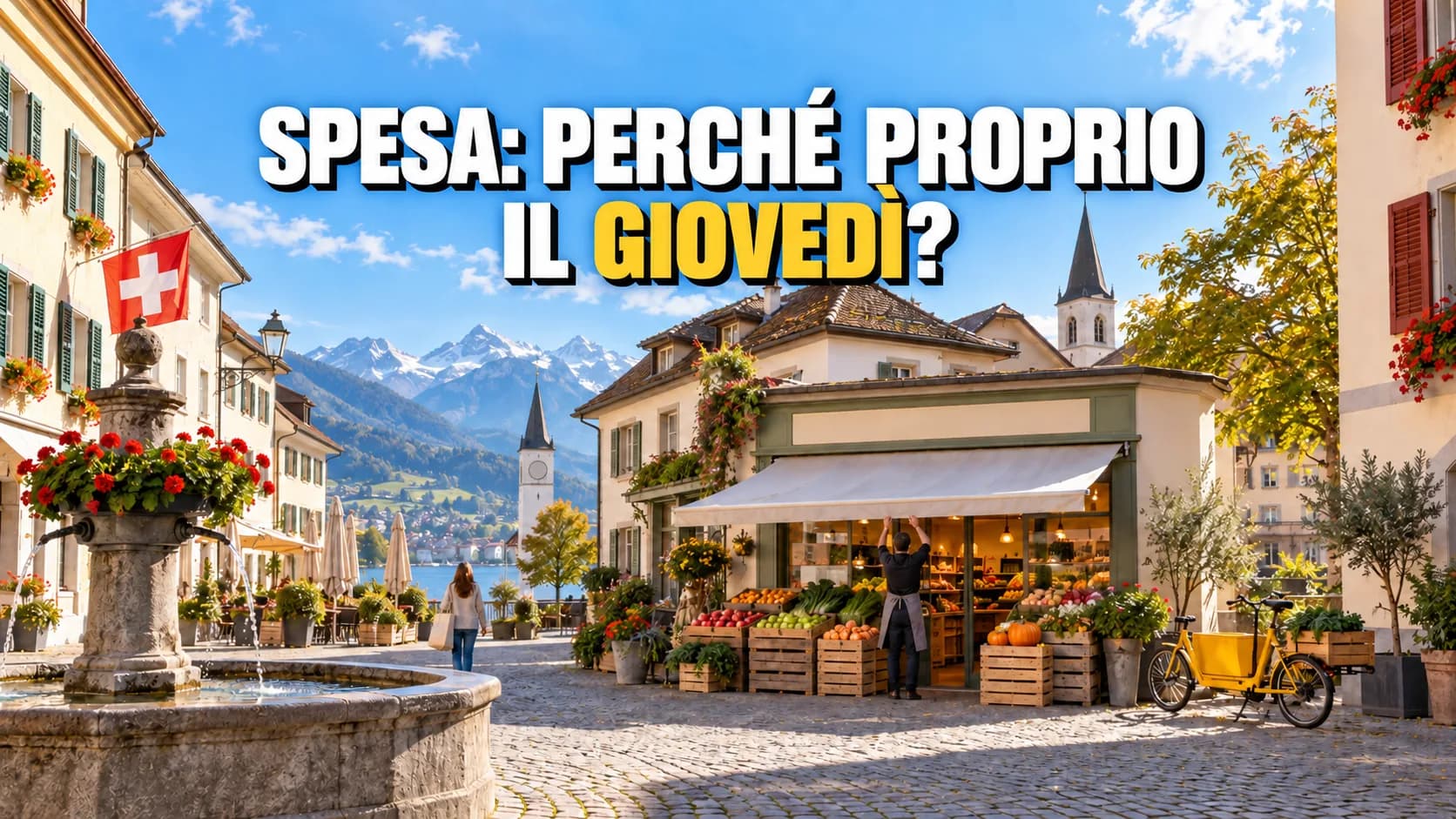 Piazza di una cittadina svizzera al mattino, un negozio di alimentari apre e una bici gialla attende davanti