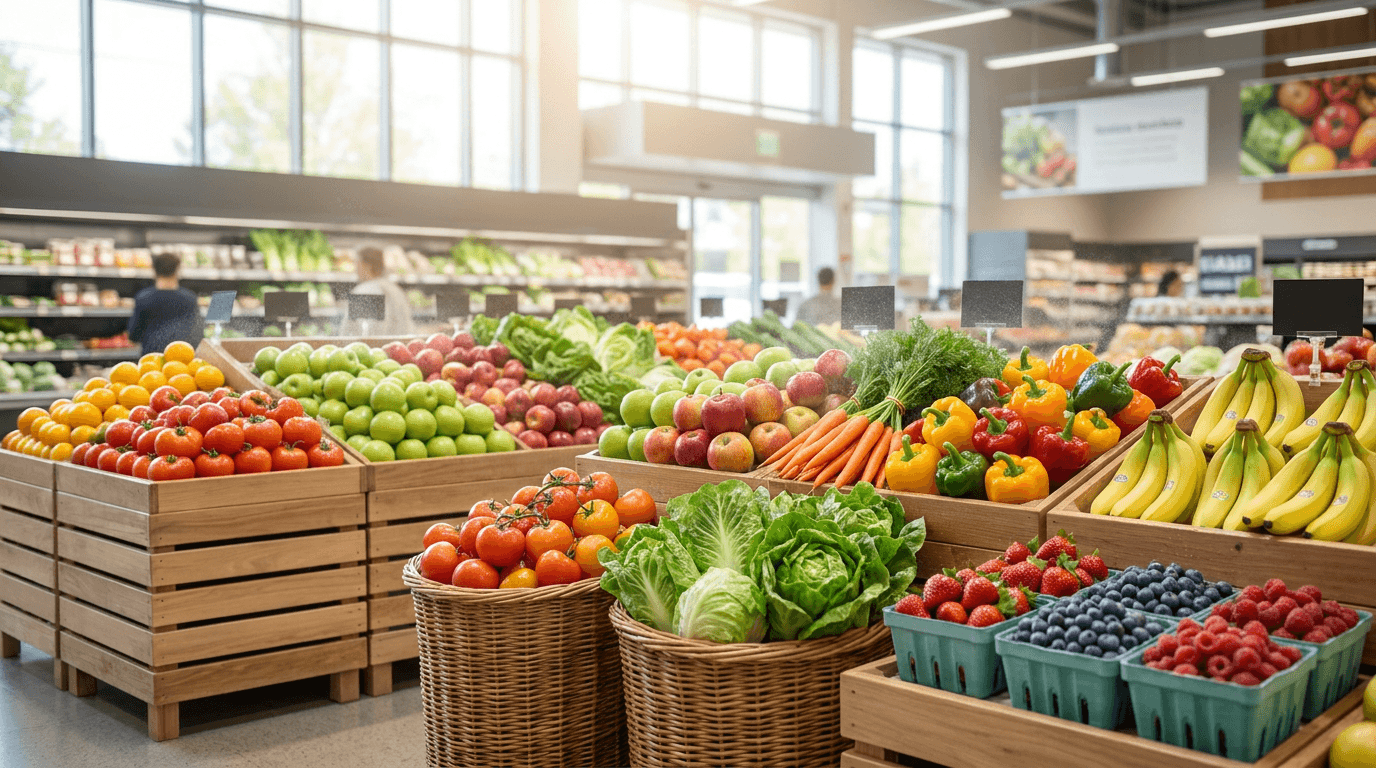 Étal de fruits et légumes frais à un rayon de supermarché suisse : tomates, pommes, salade, carottes et poivrons comparés sur la qualité chez Migros, Coop, Aldi et Lidl