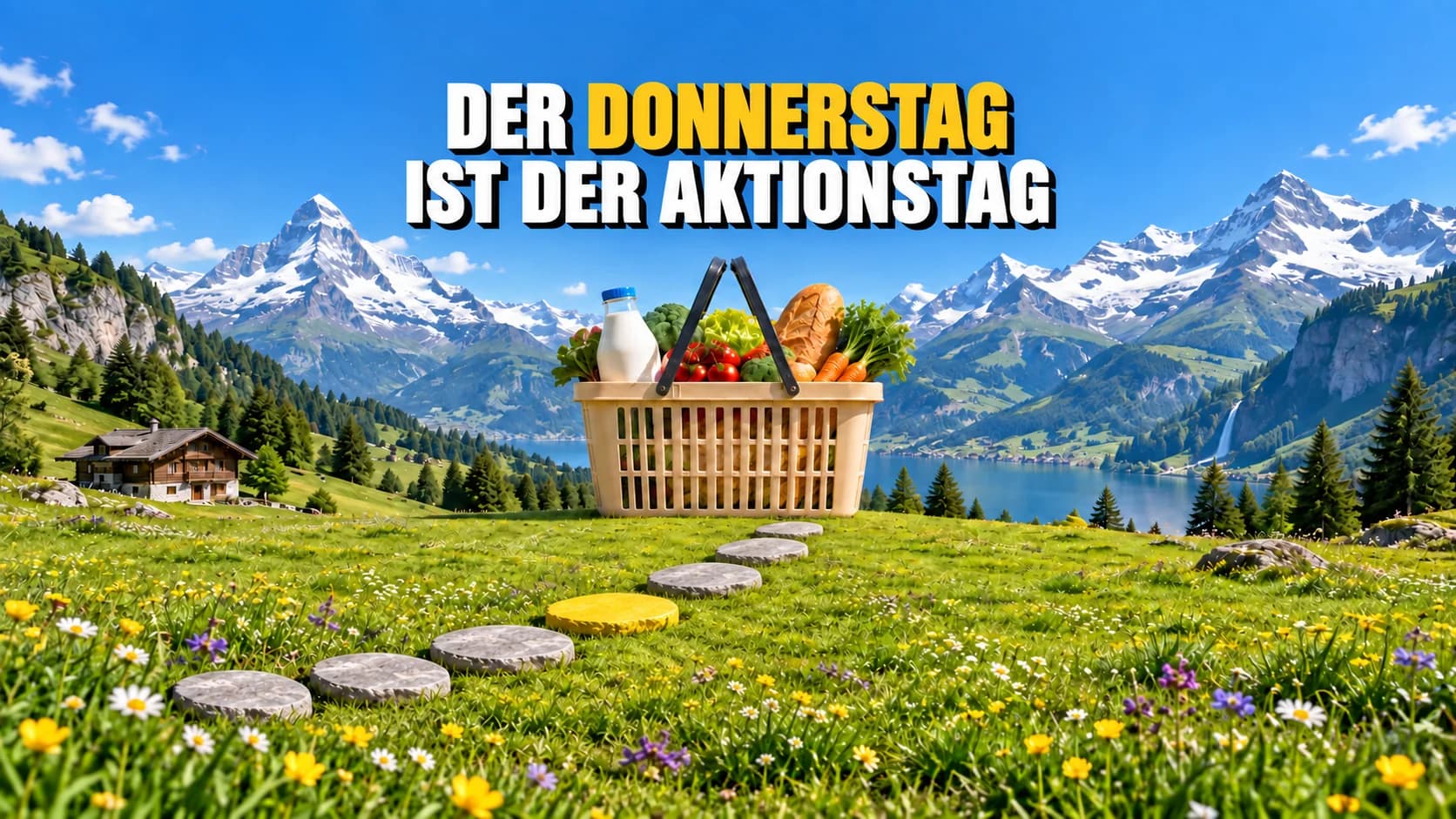 Sieben Steine auf einem Alpenpfad, der vierte gelb, führen zu einem Korb.