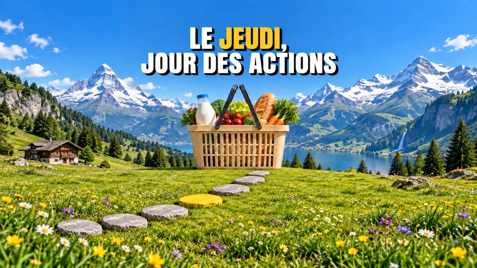 Sept pierres sur un sentier alpin, dont la quatrième jaune, mènent à un panier.