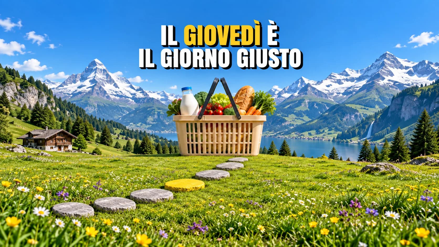 Sette pietre su un sentiero alpino, la quarta gialla, conducono a un cestino.