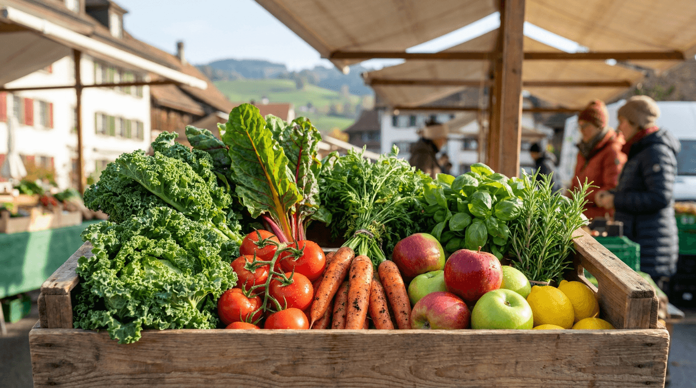 Fresh crate of organic vegetables and fruit: a neutral guide to the best bio supermarket in Switzerland comparing Migros Bio, Coop Naturaplan, Demeter and discounter organic