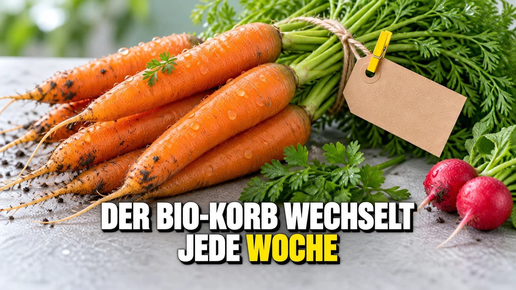 Nahaufnahme nasser Karotten mit leerem Papieretikett an einer Schnur.