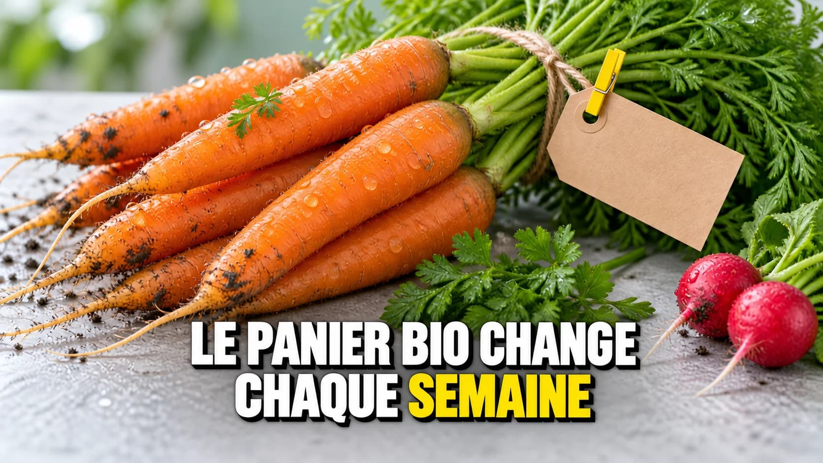 Gros plan de carottes mouillées avec une étiquette vierge attachée par une ficelle.