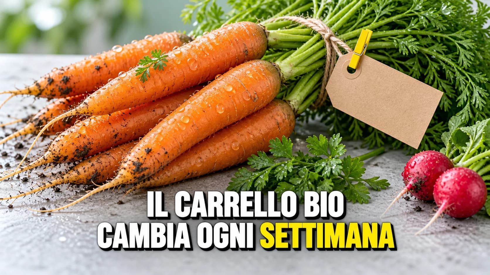 Macro di un mazzo di carote biologiche bagnate con un cartellino di carta vuoto legato allo spago