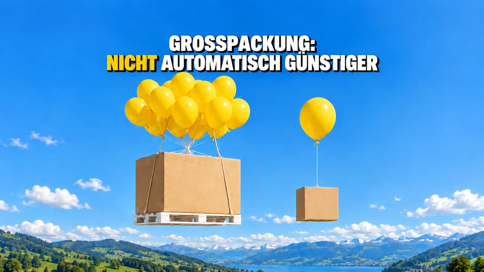 Zwei unterschiedlich grosse neutrale Kartons schweben auf gleicher Höhe an gelben Ballons.