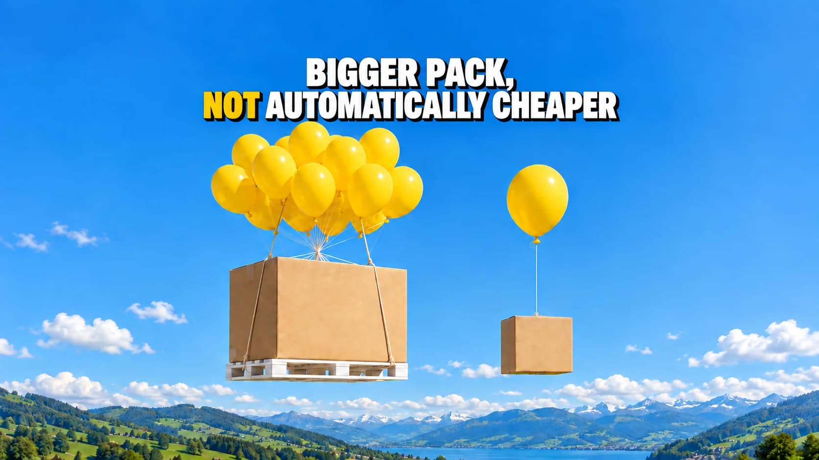 Two differently sized plain cartons float at the same height beneath yellow balloons.