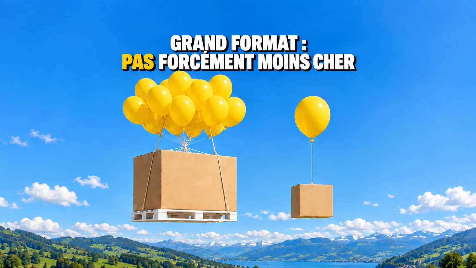 Deux cartons neutres de tailles différentes flottent à même hauteur sous des ballons jaunes.